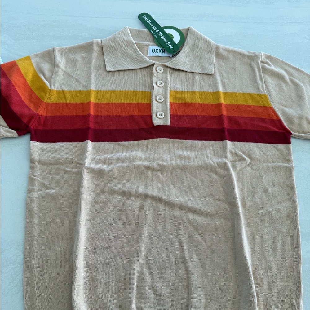 Onknit Striped Polo Shirt - Beige, Orange, Red - Picture 2 of 5